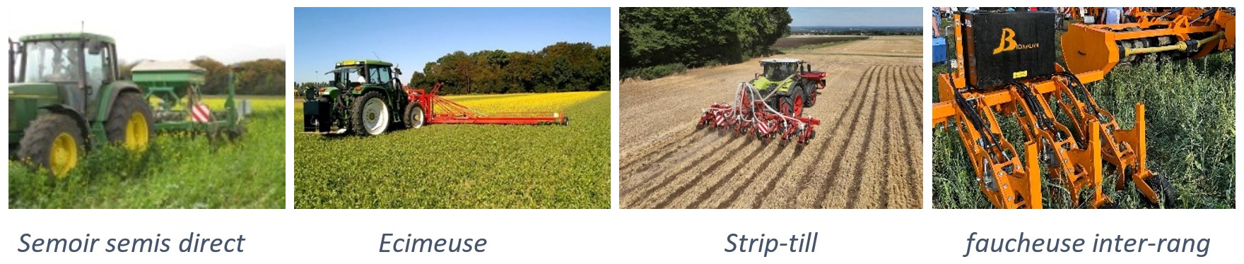 De gauche à droite : semoir de semis direct, écimeuse, Strip-till et faucheuse inter-rang